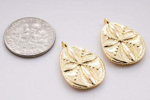 Gold Engraved Flower Oblong Oval Pendant, 15x18mm, Spring or Summer Vibe, Floral Charm, Summer Jewelry, 1 pc or 10 pcs, WHOLESALE,CPG363