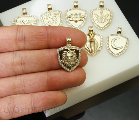 Gold or Silver Shield Pendant,16x23mm, CZ Trimmed, 9 Symbol variations,Protection and lucky shield charm, 1 pc or 10 pcs, WHOLESALE