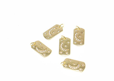 18k Gold Stars and Moon Charm, Rectangle Celestial Charm, Moon Dog Tag Charm, Moon Charm, Crescent Moon Pendant, CPG2322