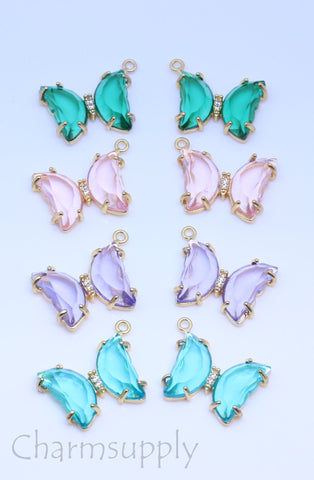 2 pcs of Gold cz Centered Symmetrical Butterfly Drops,sell as a set,Earring Drops or Single Pendant, L and R,15mm, 2 pcs or 10 pcs,CP144