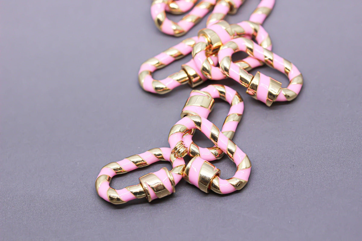 Baby Pink/Gold Enamel 13x19mm Small Candy Cane Carabiner lock, Screw Clasp, Screw on Clasp, 1 pc or 10 pcs, WHOLESALE, CLG087