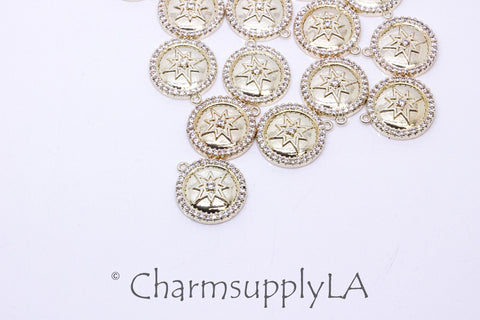 Gold Cz Starburst Tag Pendant, 15mm, Gold Round Celestial Jewelry Tag, Jewelry Starburst Pendant, 1 pc or 10 pcs WHOLESALE,CPG227