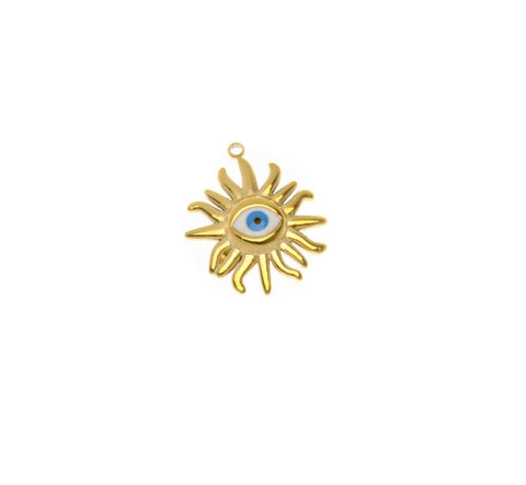 Water Proof, Tarnish Proof Gold Evil Eye Sun, Protection Charm, Perfect for Necklace, SSPG010