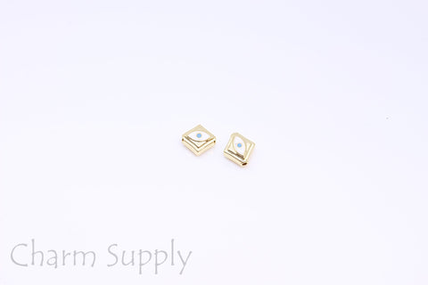 Gold, silver, gunmetal black White Enamel Evil Eye Square Bead, 9mm, Double Sided, 1 pc or 10 pcs, WHOLESALE,SPG052