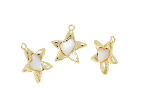 Star Charm With Polished Shiny White Mother Of Pearl Heart,Gold Star Charm With MOP Heart Inlay,Gold Star Charm With Heart Inlay ,CPG614