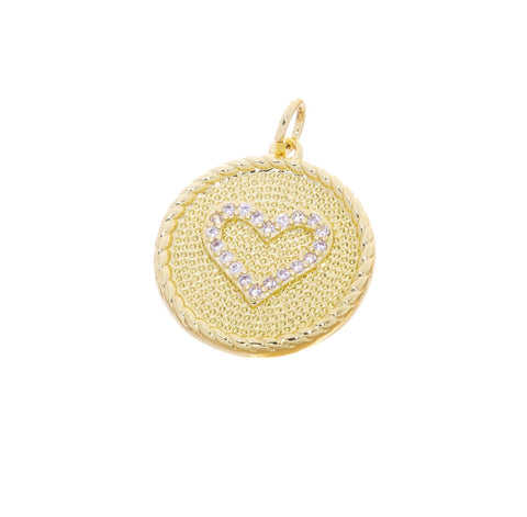 Gold Heart Charm With CZ,Pave Coin Heart Charm,Textured CZ Disc Heart Charm,Round Circle Disc Heart Charm,Heart Charm For Necklace,CPG2540