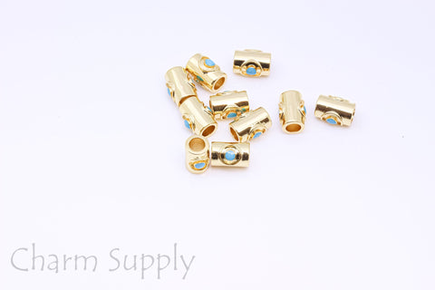 Gold Turquoise cz Eye Bead, 9.3x6.5mm,  Double Sided, Turquoise Eye Bead, 1 pc or 10 pcs, WHOLESALE, MP24-10083