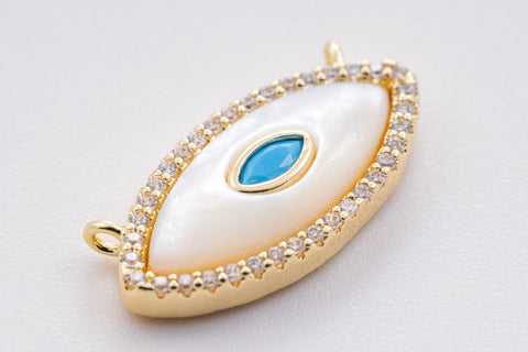 Gold Mother of Pearl Evil eye Pendant, Turquoise cz centered, cz Trim, 22x11mm, Evil eye Jewelry, Protection,1 pc or 10 pcs,WHOLESALE,CNG058