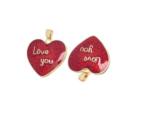 Red Enamel Love You Heart Charm,Shiny Red Heart Charm For Jewelry Making,Love You Gold Heart Charm ,Gold Heart Love You Charm,CPG2536