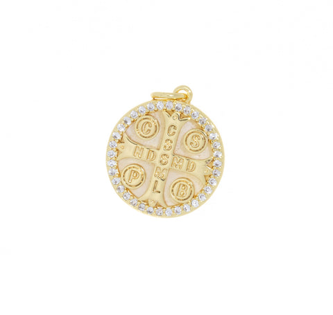 Circle Shape Gold Cross Charm With White Mother Of Pearl,Round Disc MOP Charm With Cross,Dainty Disc Pave MOP Shell Cross Charm,CPG719