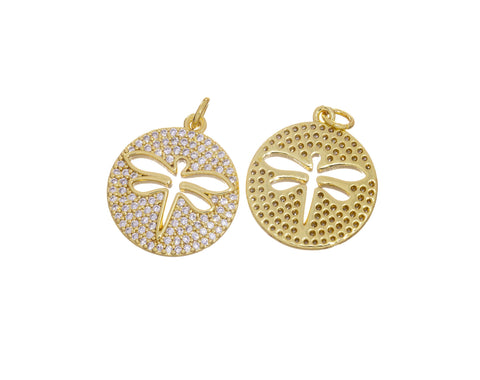 Gold Pave CZ Dragonfly Charm,Dragonfly Disc Coin Pendant,Dragonfly Charm For Jewelry Making,CPG813