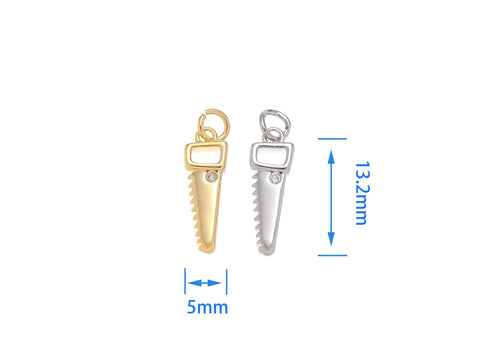 Gold And Silver Wood Cutting Saw Charm With CZ,Permanent Jewelry Making saw Charm,Wood Saw Charm For Jewelry Making,CPG-CPS1465