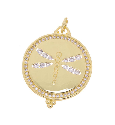 Dragonfly Gold Charm,Disc Dragonfly Pave Charm,Coin Dragonfly Pendant,Dragonfly Charm For Jewelry Making,CPG2437