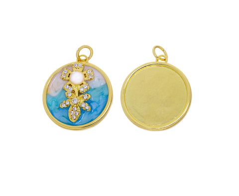 Disc Flower Charm With CZ,Gold Flower Enamel Coin Charm, Tag Flower Pave Charm,Flower Charm For Arts Crafts And Jewelry Making,CPG2454