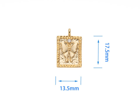 gold butterfly rectangle pendant tag, 17.5x13.5mm, transformation and hope pendant, butterfly gold tag pendant, Slide through chain, CPG2094