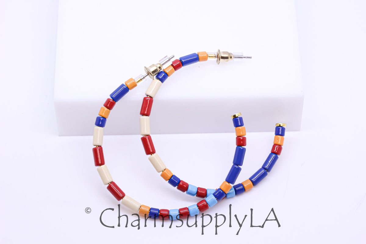 Limited edition Colorful Enamel Tubes Beaded Hoop Earrings, 50-52mm, Fun Summer Piece, Rainbow Hoops, Mixed Colors Hoops, FJ1-095