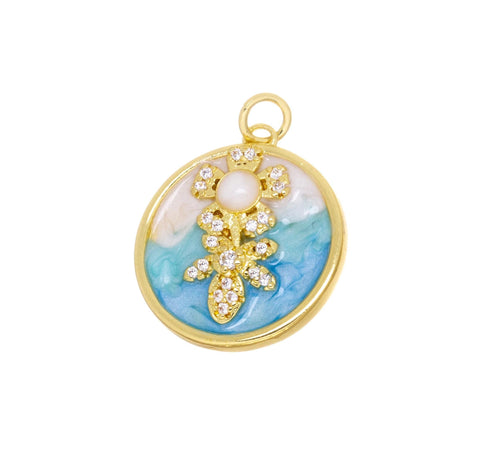 Disc Flower Charm With CZ,Gold Flower Enamel Coin Charm, Tag Flower Pave Charm,Flower Charm For Arts Crafts And Jewelry Making,CPG2454