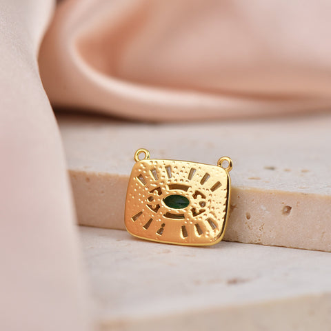 Gold Rectangle Connector Charm With Baguettes And Emerald Green CZ In The Middle,CNG064