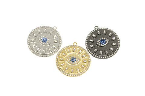 Evil Eye Pave Baguette Full Bling Disc Pendant,Large Evil eye Pendant, Evil eye jewelry, 23mm, 1 pc or 5pcs, WHOLESALE,CP123