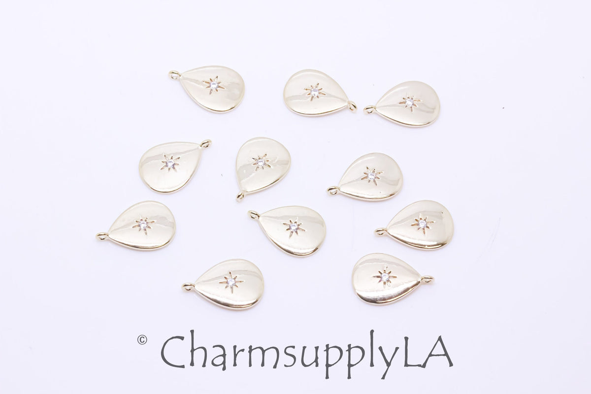 Gold Starburst CZ Teardrop Pendant, 14x9.5mm, Gold Puffy Starburst cz Teardrop, 1 pc or 10 pcs, WHOLESALE,CPG366-CPS366