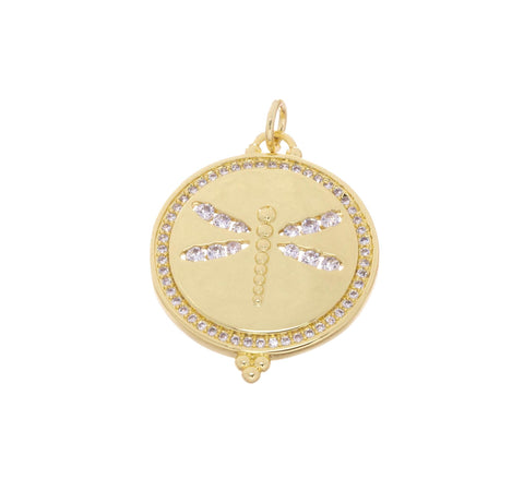 Dragonfly Gold Charm,Disc Dragonfly Pave Charm,Coin Dragonfly Pendant,Dragonfly Charm For Jewelry Making,CPG2437