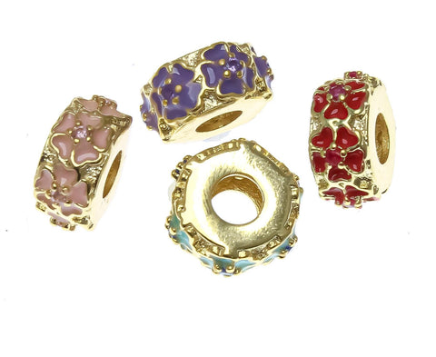 18k Gold Delicate Flower Spacer, Green, Pink, Purple, Red, Bead With CZ, Spacer Bead, Thin Band Spacer For Jewelry, SPG112