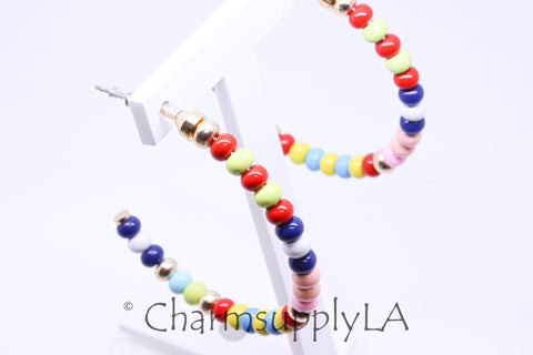 Limited edition Colorful Enamel Beaded Hoop Earrings, 50-52mm, Fun Summer Piece,  Rainbow Hoops, Mixed Colors Hoops, FJ1-093