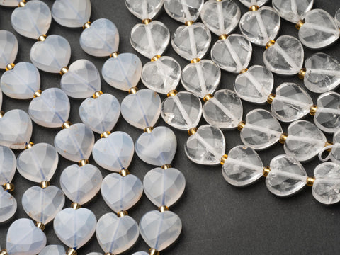 Natural Quartz Heart and Chalcedony Heart 12mm, Gorgeous Natural Clear Quartz Beads, and Light blue Chalcedony Full Strand 15.5", HS08,HS09
