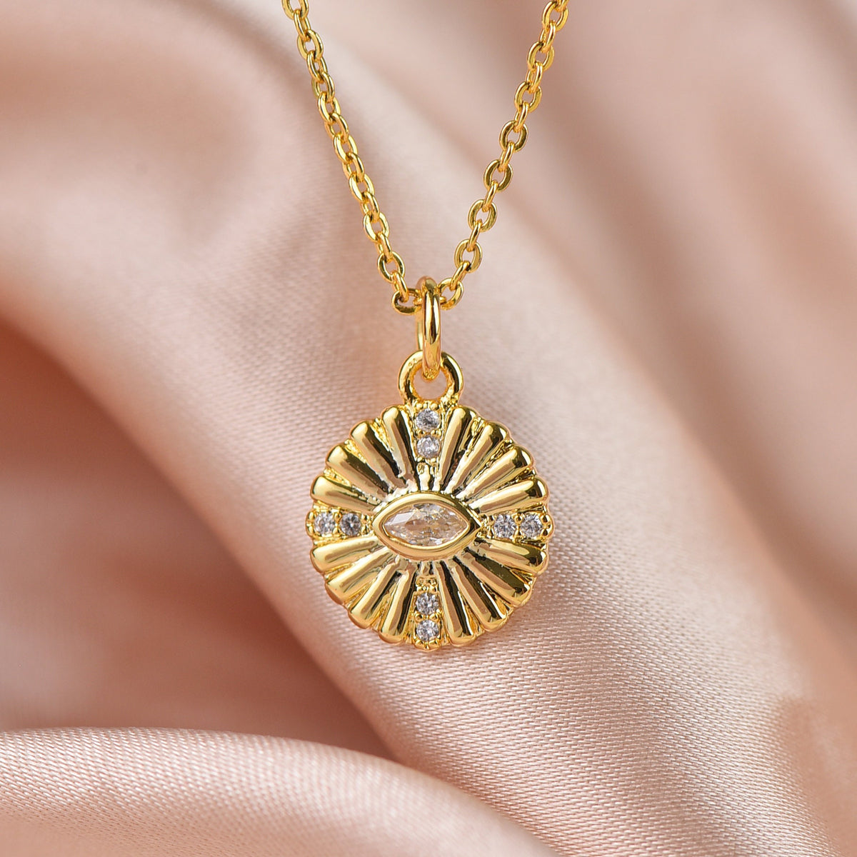 Marquise Disc Charm, Gold Micro Pave CZ Charm,Dainty Evil Eye Pave Gold Charm,CPG122