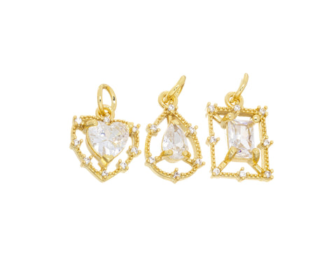 Dainty Gold Charms For Necklace,Heart Charm,Tear Drop Charm,Emerald Cut Charm,Small Necklace Charms With CZ,CPG2492-94-96