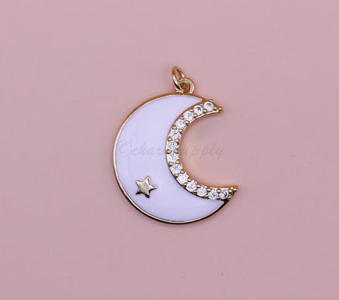 White enamel Moon cz accent Pendant, 22x18mm, crescent moon pendant, moon charm, white moon jewelry,CPG245