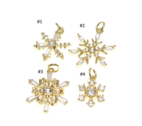 18k Gold Snow Flake cz embellished Pendant, 4 Variations, Sparkly and Festive Ornament, Snowflake Pendant,CPG2298-CPG3001
