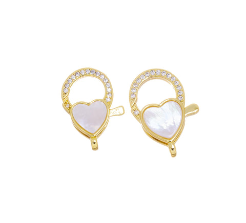 MOP Small Or Large Heart Clasp,Pave Heart Clasp,Gold Heart Lobster Claw Clasp,Large Lobster CZ Clasp With Mother Of Pearl,CLG308S-CLG308L