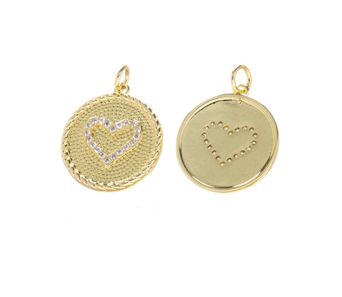 Gold Heart Charm With CZ,Pave Coin Heart Charm,Textured CZ Disc Heart Charm,Round Circle Disc Heart Charm,Heart Charm For Necklace,CPG2540