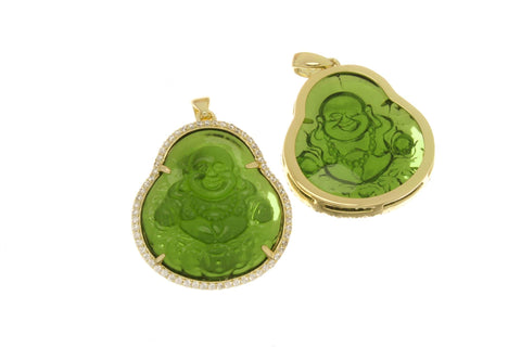 18K Gold Pink or Green Buddha Charms, Micropavé CZ Buddhist Pendant, Buddha Pendant Green or Pink for DIY Jewelry Making Supply