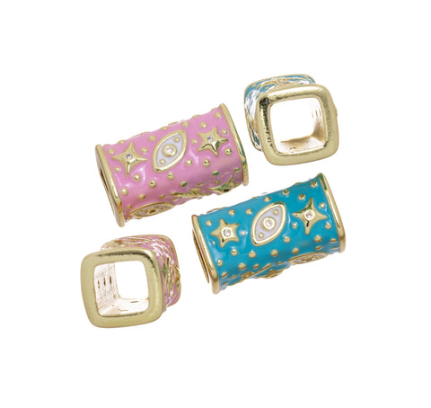 Talisman Square Tube Bead,Gold Talisman Evil Eye And Star Spacer Bead,Large Hole Spacer Bead For Leather Cord,Paracord Or Chain,SPG149