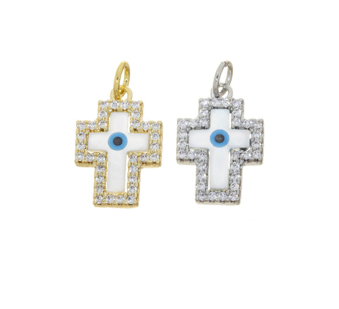 MOP Cross Amulet CZ Charm,MOP Evil Eye Cross Charm,Evil Eye Protection Charm,Cross Charm For Necklace,Turkish Nazar Evil Eye Charm,CPG831