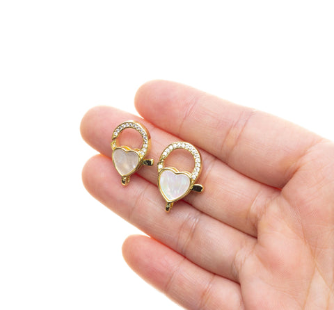 MOP Small Or Large Heart Clasp,Pave Heart Clasp,Gold Heart Lobster Claw Clasp,Large Lobster CZ Clasp With Mother Of Pearl,CLG308S-CLG308L