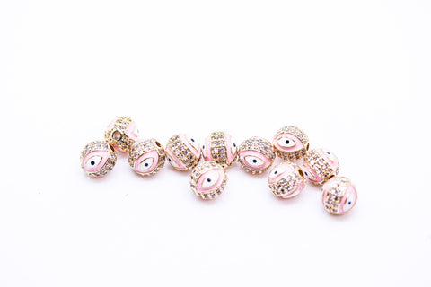 Evil eye Pave Light Pink Enamel Ball (7.5-8mm,10mm), 1 pcs or 10 pcs WHOLESALE