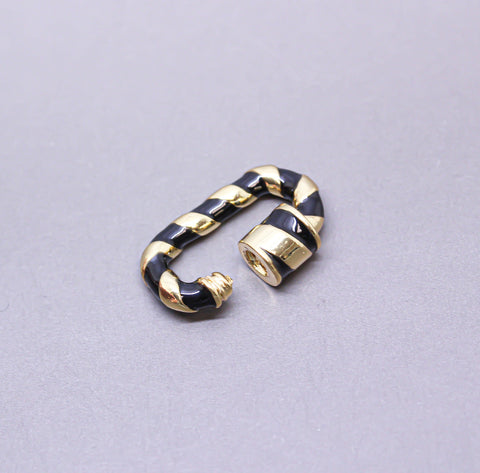 Black/Gold Enamel 13x19mm Small Candy Cane Carabiner lock, Screw Clasp, Screw on Clasp, 1 pc or 10 pcs, WHOLESALE, CLG084