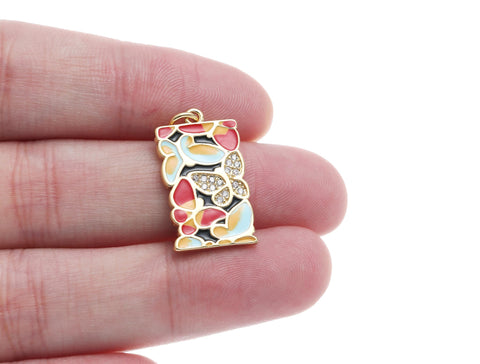 18k Gold CZ Bezel Set Shiny Rectangle Red Butterfly Mosaic Charm, Everyday wear Dainty Charm, Minimalist Jewelry, Artsy, CPG1599