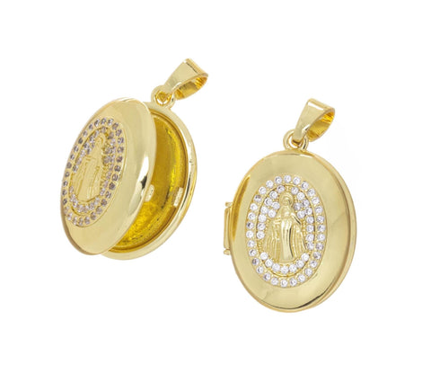Open Hand Virgin Mary Locket Charm,Gold Religious Locket Charm For Necklace,Photo Locket Charm,Pave CZ Gold Locket Charm,CPG2532