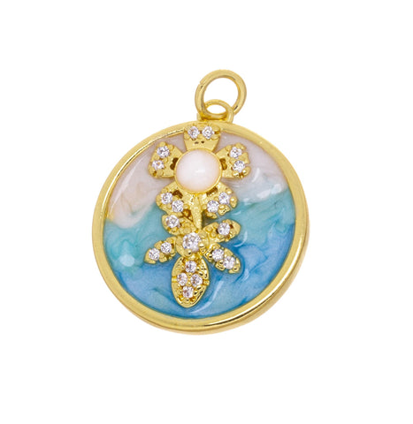 Disc Flower Charm With CZ,Gold Flower Enamel Coin Charm, Tag Flower Pave Charm,Flower Charm For Arts Crafts And Jewelry Making,CPG2454