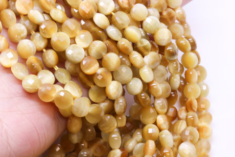 Natural Golden Tiger eye 6mm Faceted Puffy Round Coin Bead, 15.5 inches, FULL STRAND, wHOLESALE