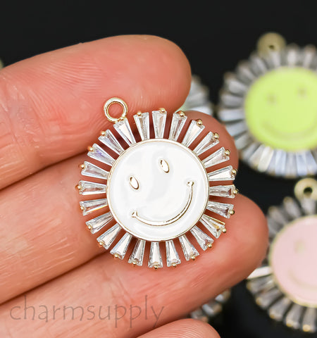 Gold Large Smiley Round Trimmed with Baguette cz Charm, Enamel Smiley face charm, 6 colors, 22mm, 1 pc or 10 pcs, WHOLESALE,CPG369