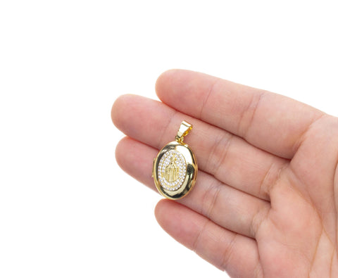 Open Hand Virgin Mary Locket Charm,Gold Religious Locket Charm For Necklace,Photo Locket Charm,Pave CZ Gold Locket Charm,CPG2532