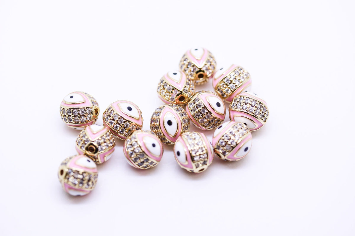 Evil eye Pave Light Pink Enamel Ball (7.5-8mm,10mm), 1 pcs or 10 pcs WHOLESALE