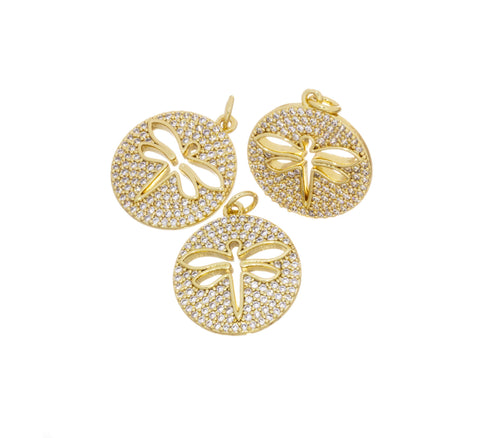 Gold Pave CZ Dragonfly Charm,Dragonfly Disc Coin Pendant,Dragonfly Charm For Jewelry Making,CPG813