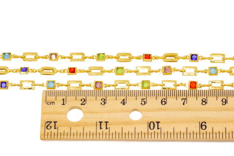 18K Gold Multi Color CZ Bezel Chain,Alternating Bezel Chain With CZ,Rainbow CZ Chain For Jewelry Making,Multi Color Stone Link Chain,CHG118