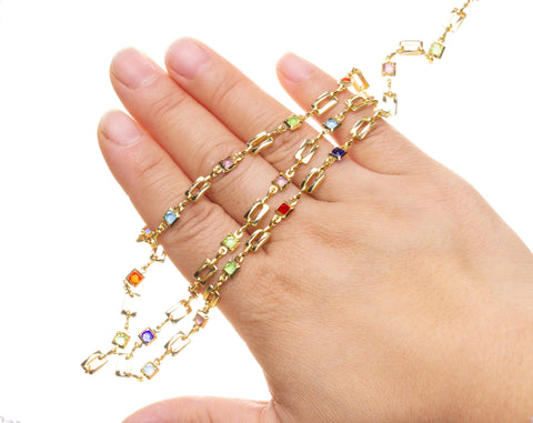 18K Gold Multi Color CZ Bezel Chain,Alternating Bezel Chain With CZ,Rainbow CZ Chain For Jewelry Making,Multi Color Stone Link Chain,CHG118